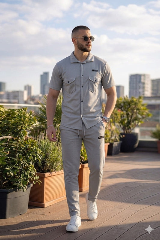 Premium Men’s Textured Grey Safari Tracksuit – Summer Co-ord Set