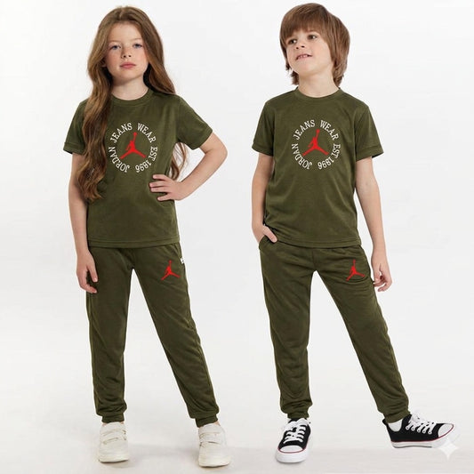 Kids Summer Jordan Printed Tracksuit - Olive Green (T-Shirt & Trouser Set)