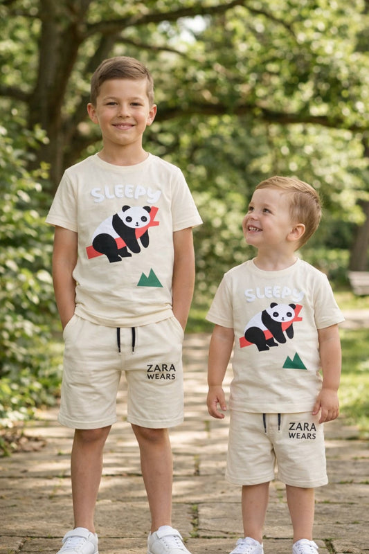 Kids Panda Printed Summer Outfit – T-Shirt & Shorts Set (Sleepy Print, Beige)