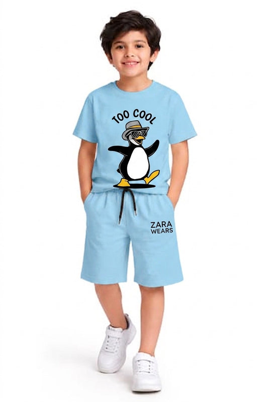 Kids Penguin Printed Summer Outfit – T-Shirt & Shorts Set (Too Cool Print, Sky Blue)