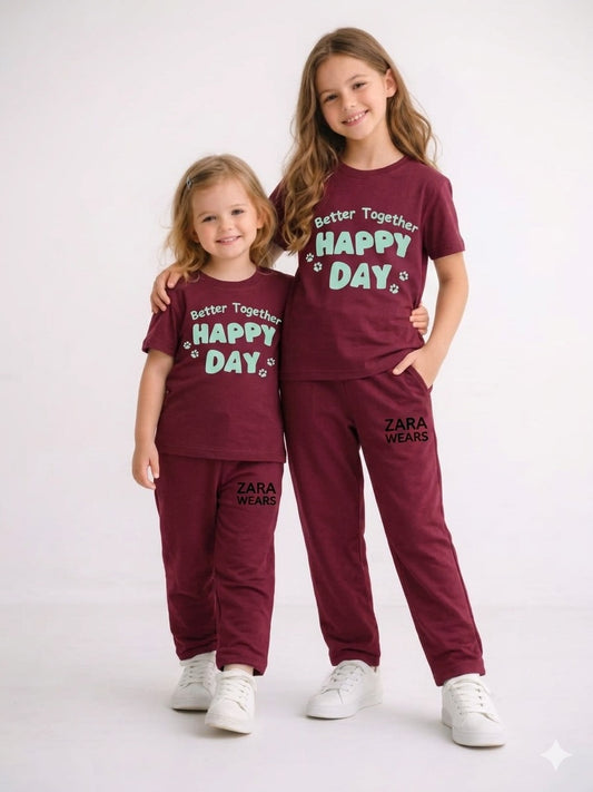 Kids “Happy Day” Printed Outfit – T-Shirt & Trouser Set (Maroon, Better Together Print)