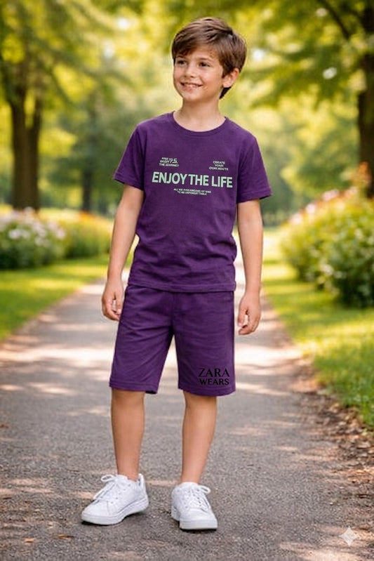 Kids “Enjoy The Life” Printed Outfit – T-Shirt & Shorts Set (Purple)
