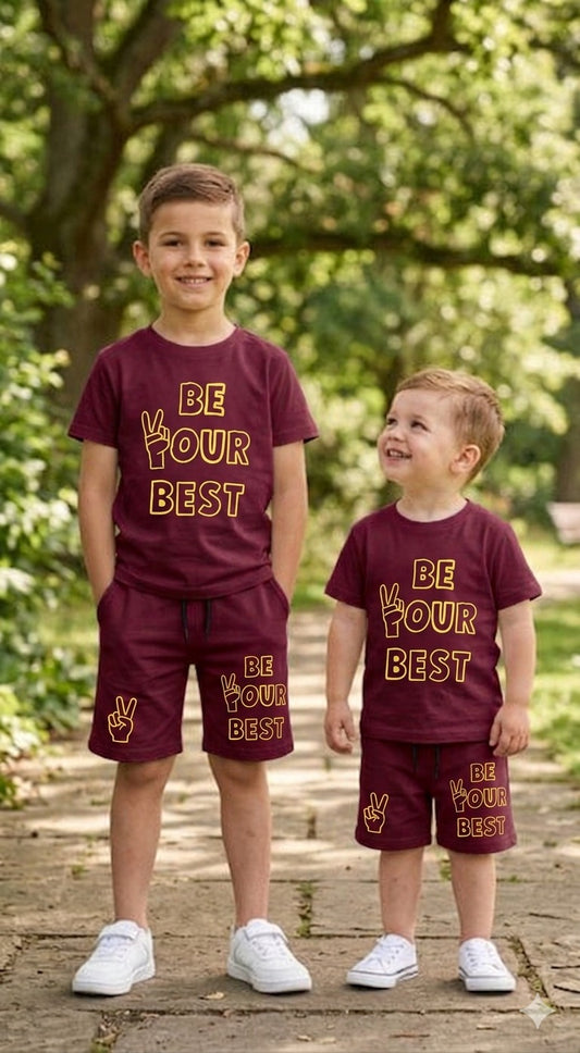 Boys Summer "BE YOUR BEST" Maroon Cotton T-Shirt & Shorts Set