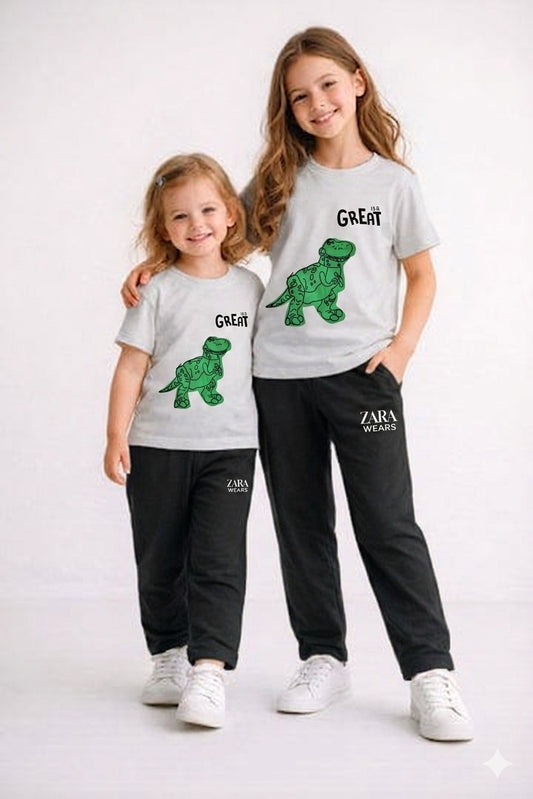 Kids Dinosaur Printed Outfit – T-Shirt & Trouser Set (Grey & Black, “Great” Print)