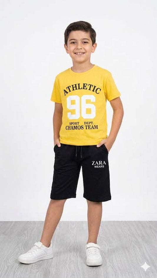 Kids Athletic Printed Summer Outfit – T-Shirt & Shorts Set (Yellow & Black)