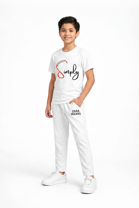 Kids Minimal Printed Outfit – T-Shirt & Trouser Set (White, “Simply” Design)
