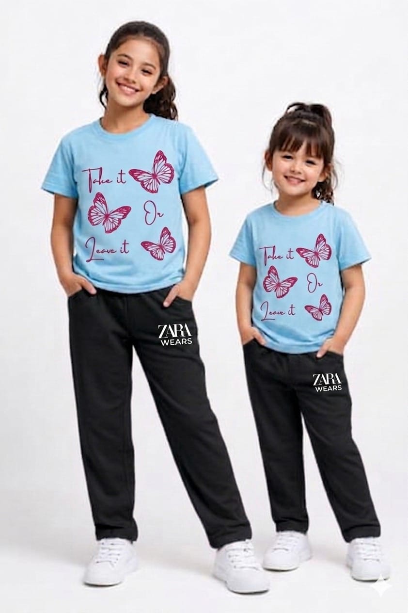 Girls “Take It Or Leave It” Butterfly Printed Outfit – T-Shirt & Pants Set (Sky Blue & Black)