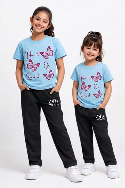 Girls “Take It Or Leave It” Butterfly Printed Outfit – T-Shirt & Pants Set (Sky Blue & Black)